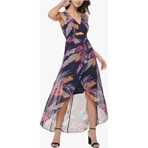 GUESS Dress 4 Tropical Print Chiffon High-Low Maxi Strappy Keyhole Navy Blue - Picture 1 of 13